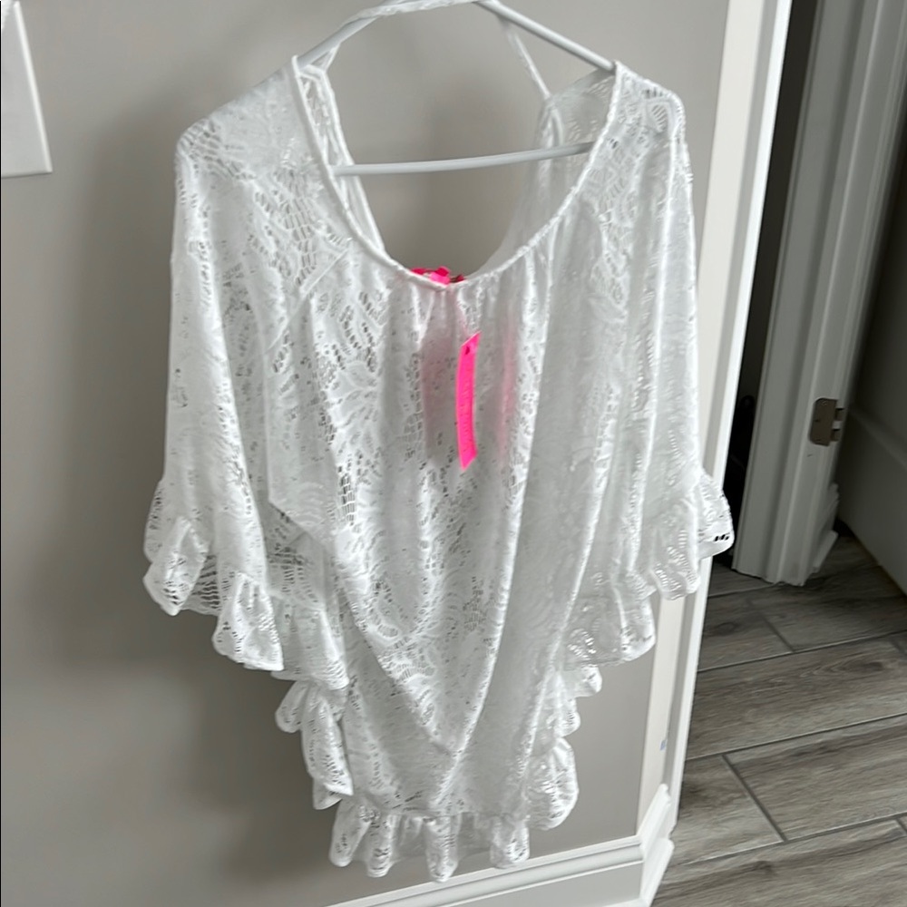 Lilly Pulitzer White Lace Ruffle Swim Coverup with Pink Tag